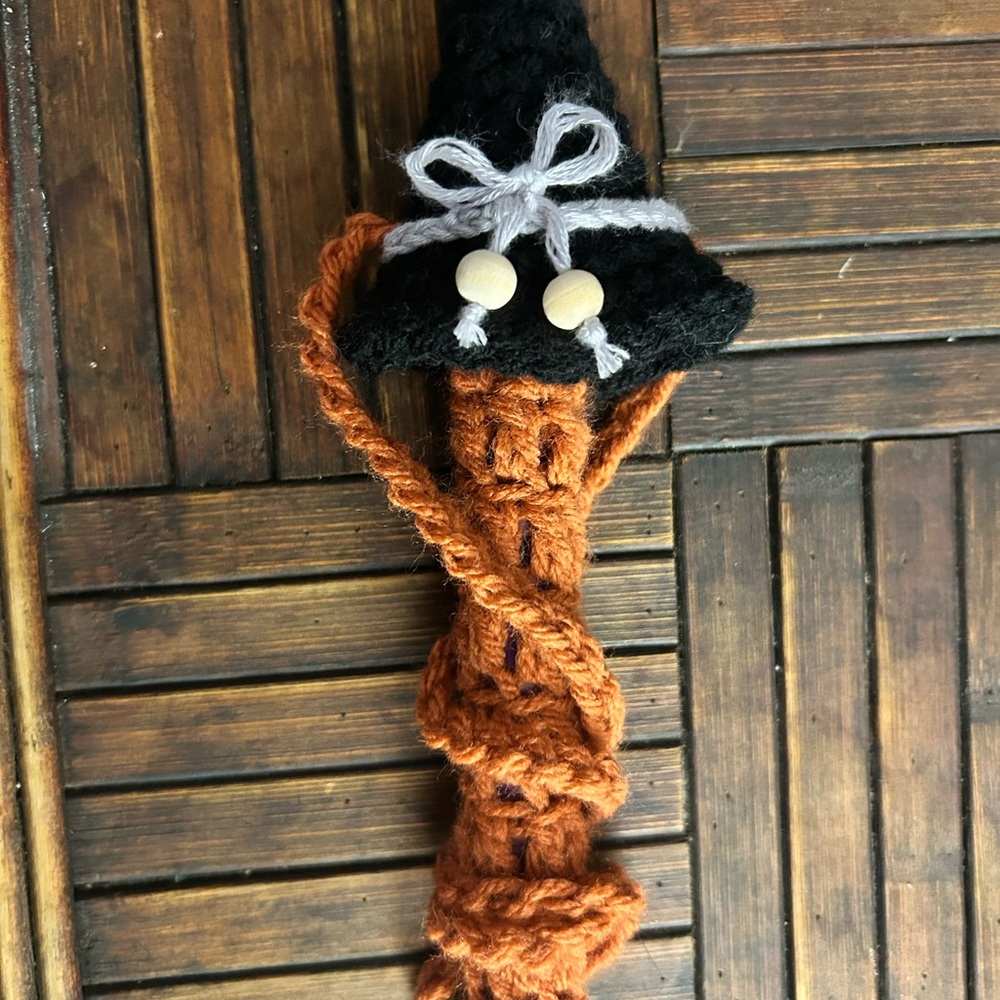 Handmade Witch Hat Wand with Orange and Black Yarn